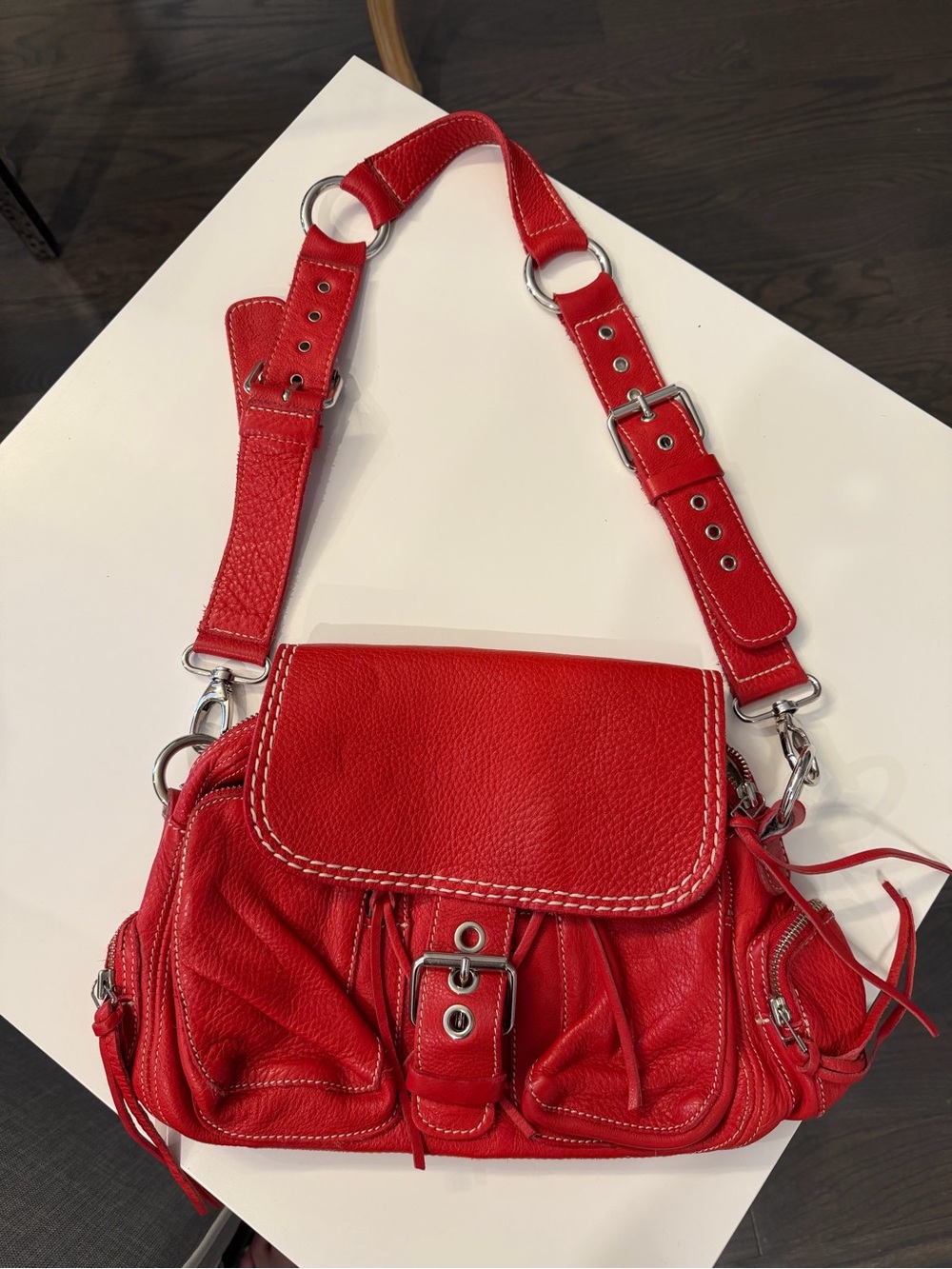 Vintage Roots Canada Red Leather Multi Pocket Crossbody Bag 1990s Y2K